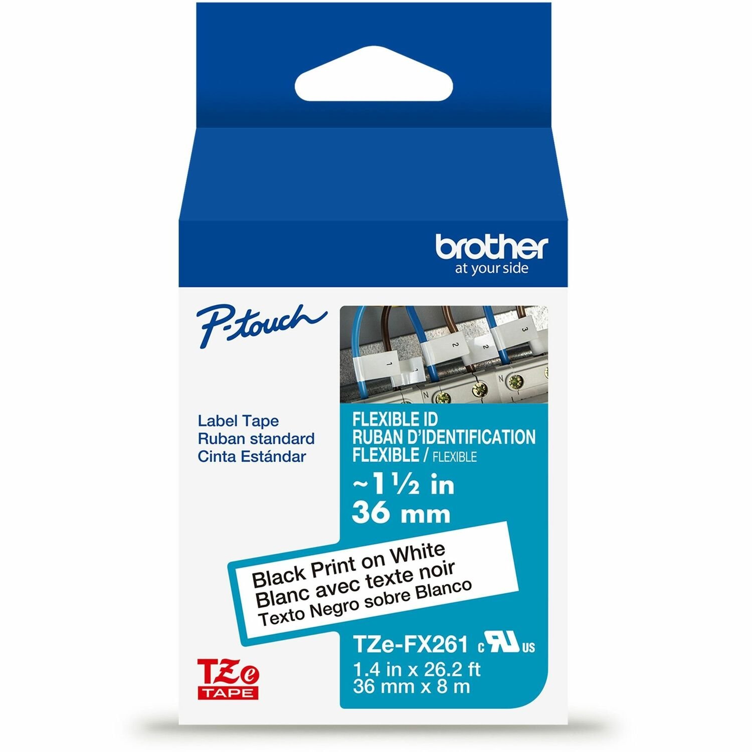 Brother Genuine P-touch TZeFX261 BK on WHT Label Tape, Flexible ID Laminated, 36mmX8m
