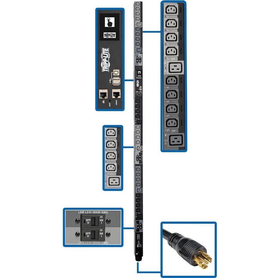 Tripp Lite by Eaton 17.3kW 220-240V 3PH Switched PDU - LX Interface, Gigabit, 30 Outlets, L22-30P 380-415V Input, LCD, 1.8 m Cord, 0U 1.8 m Height, TAA