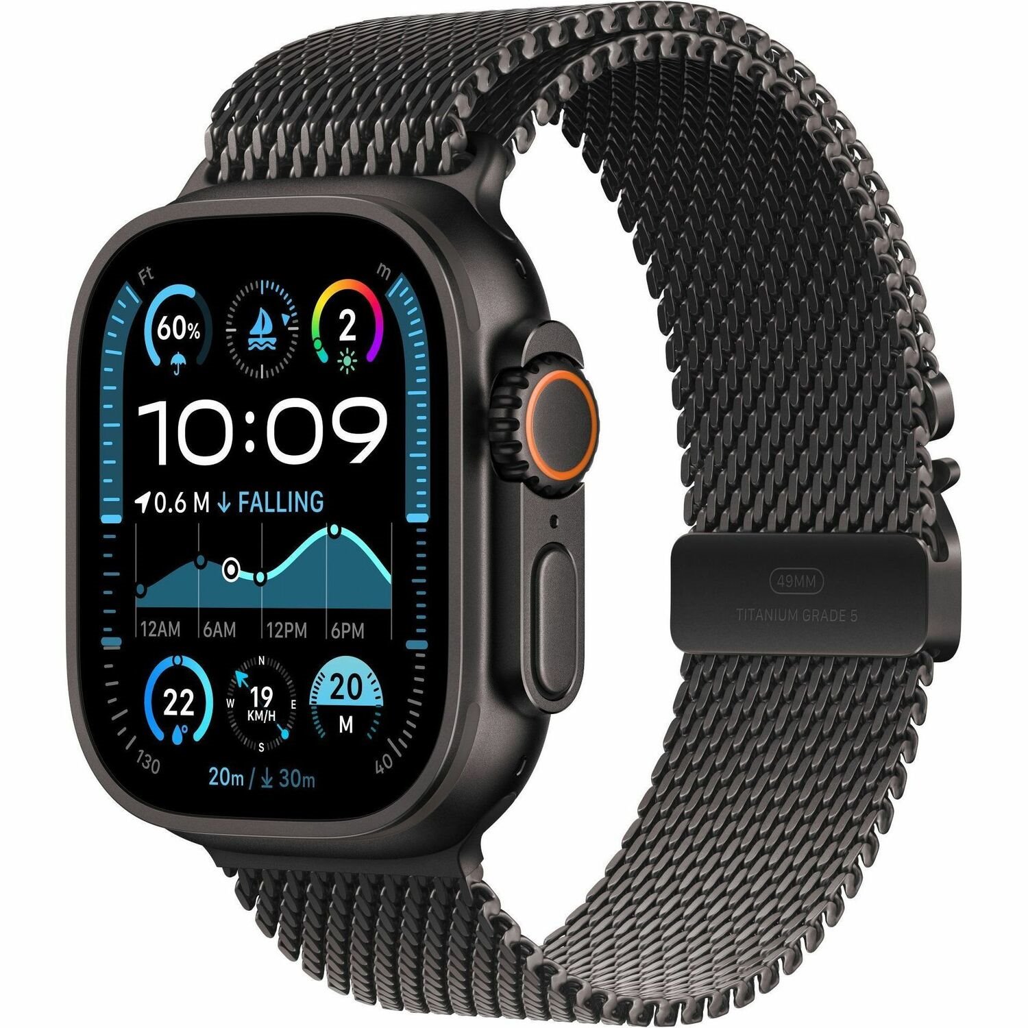 Apple Watch Ultra 2 Smart Watch - 49 mm Case Height - 44 mm Case Width - Black Case Color - Titanium Black Band Color - Glass Body Material - Titanium Case Material - Wireless LAN - LTE, UMTS
