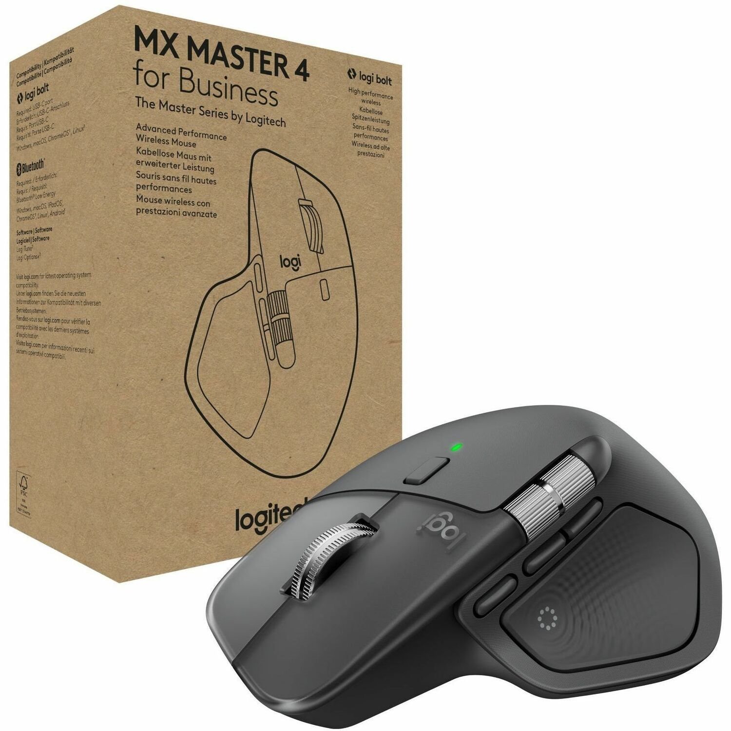Logitech MX Master 4 for Business, Wireless Mouse with Quiet Clicks, 8K DPI, MagSpeed Scrolling, Logi Bolt Receiver, Bluetooth, Actions Ring, Haptics, USB-C Charging - Graphite