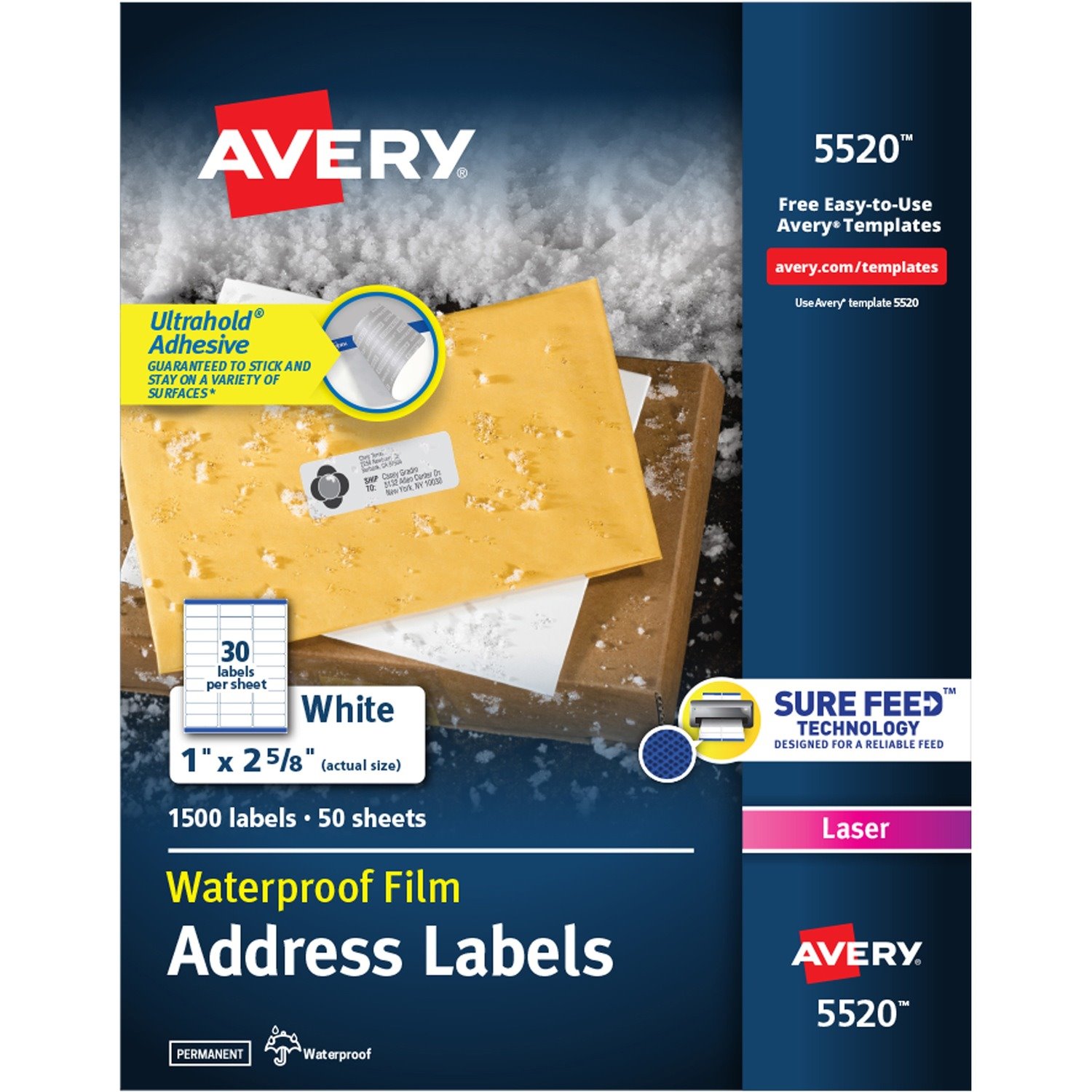 Avery 1" x 2-5/8" Labels, Ultrahold, 1,500 Labels (5520)