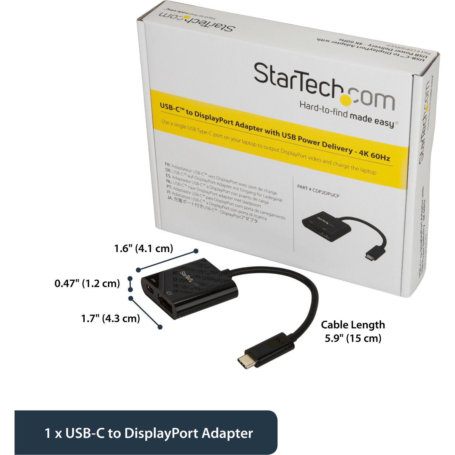 StarTech.com USB C to DisplayPort Adapter with 60W Power Delivery Pass-Through - 4K 60Hz USB Type-C to DP 1.2 Video Converter w/ Charging