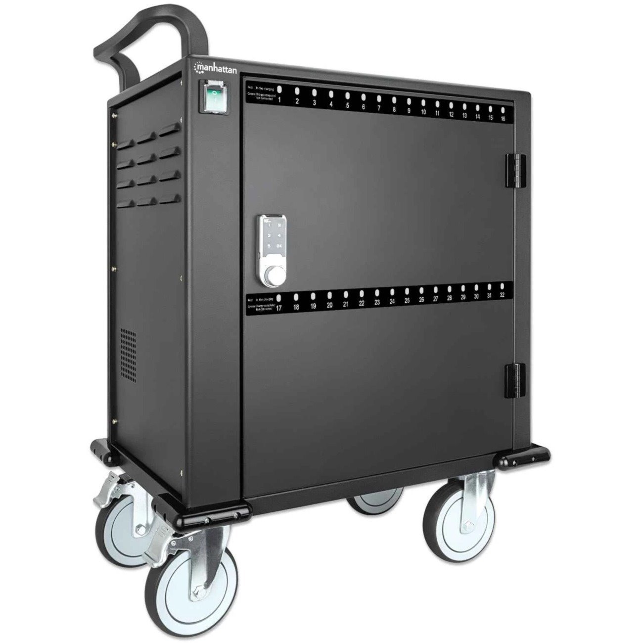 iPad to 13", MacBook Air to 13" & Chromebook to 14" 32-bay Charging Trolley/Cart, Also other tablets/smartphones (with device to USB-C cable), Bays 330x22x235mm, Device charging cables not included (suggest Manhattan USB-C cable code 356213),Cabinet, Lock