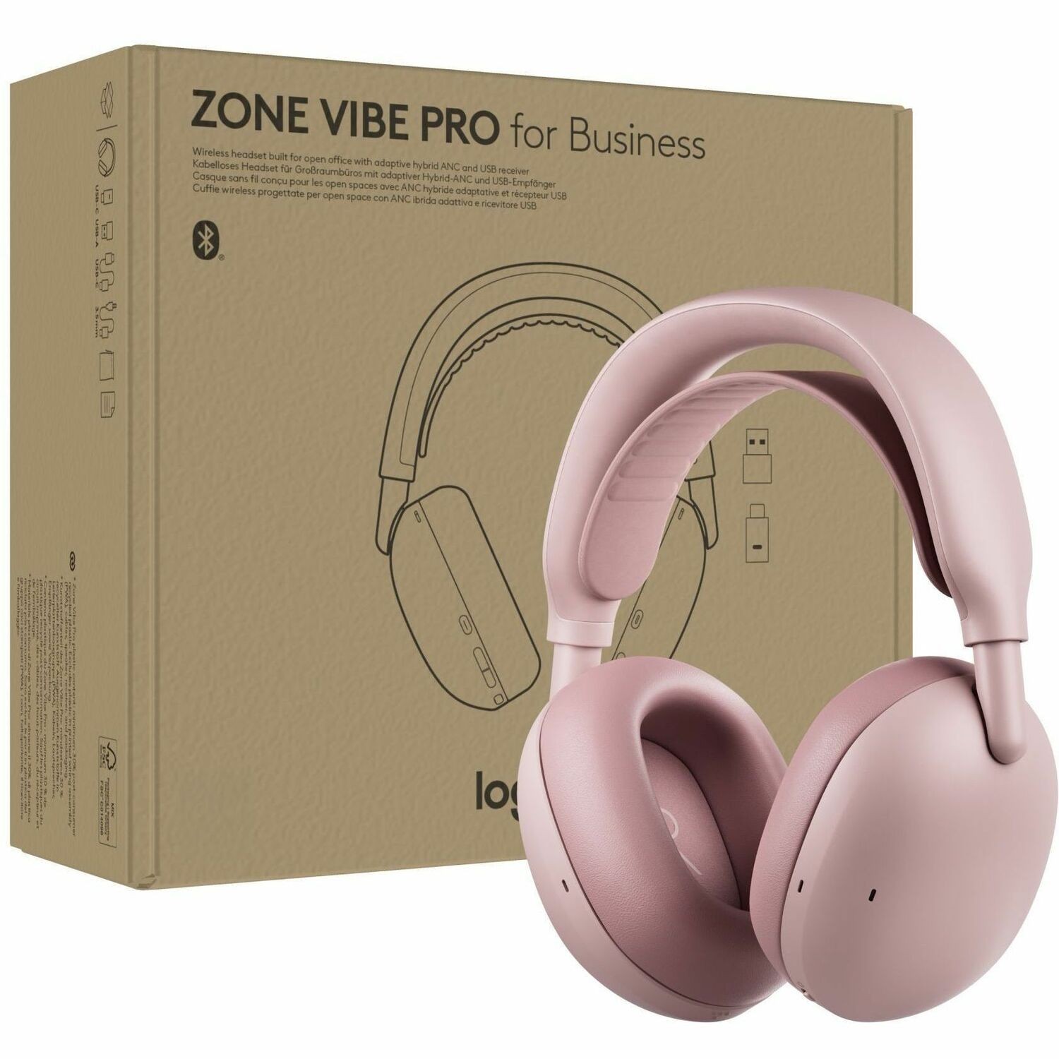 Logitech Zone Vibe Pro for Business Noise-Canceling Wireless Headset, Adaptive Hybrid ANC, Rose