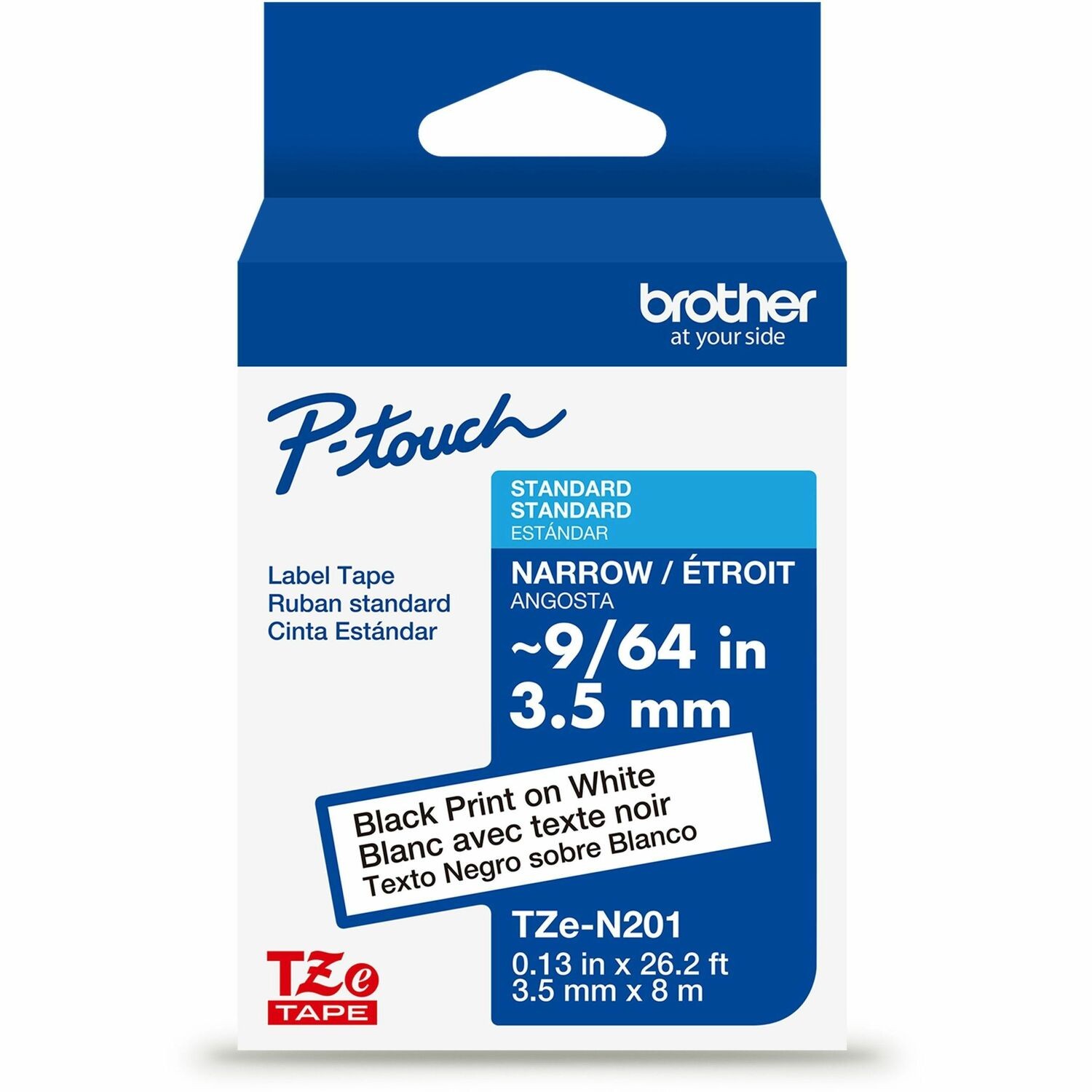 Brother Genuine P-touch TZeN201 BK on WHT Narrow Non-Laminated Label Tape, 3.5mmX8m