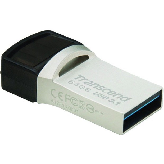 Transcend JetFlash 890 64 GB USB 3.1 Flash Drive - Silver - 256-bit AES