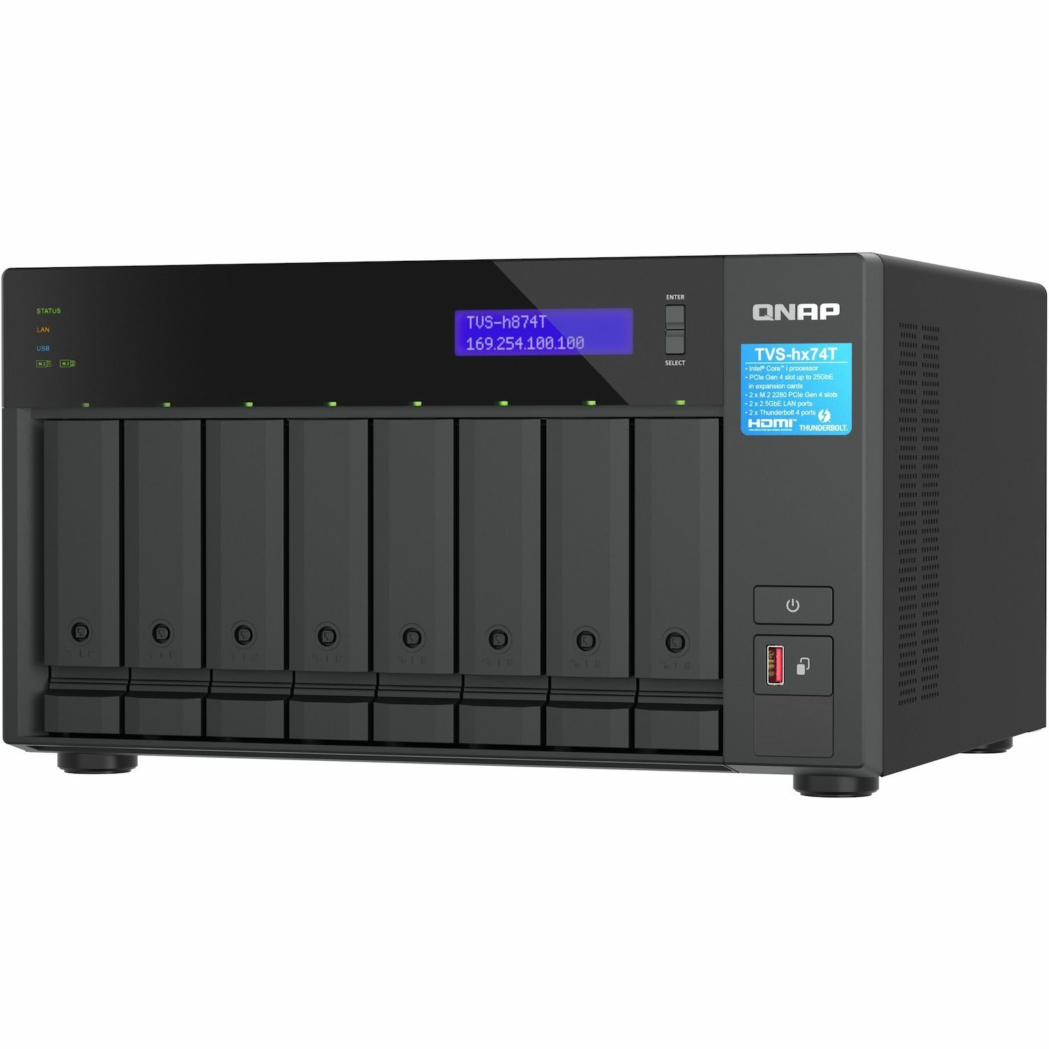 Qnap 8-Bay Qnap QuTS Hero Nas, Intel® Core™ I9 16-Core (8 Performance Cores + 8 Efficient Cores) /24-Thread, 64GB So-Dimm DDR4(max.64GB), 8 X 2.5"/3.5" Sata HDD/SSD, 2 X 2.5GbE, 2 X M.2 PCIe Gen4 X4 S