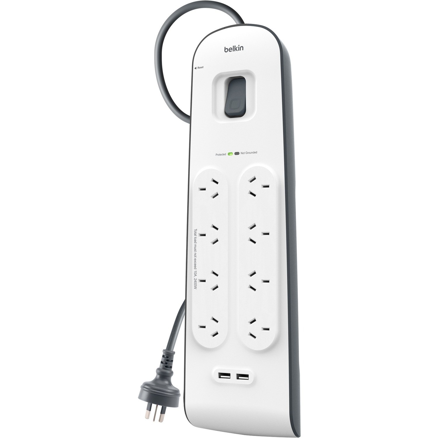 BELKIN 8 OUTLET SURGE PROTECTOR WITH 2M CORD WITH 2 USB PORTS (2.4A), 2YR WTY