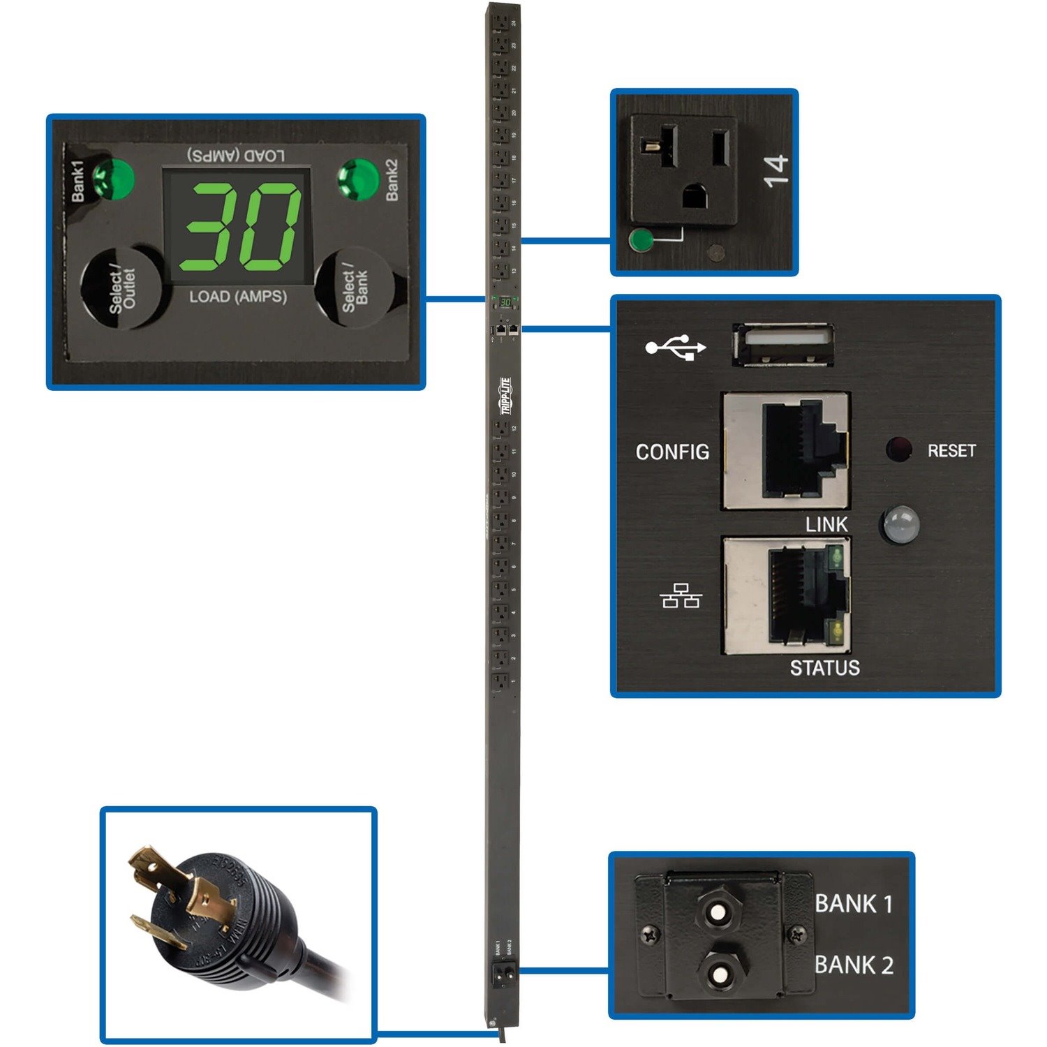 Eaton Tripp Lite Series 2.9kW Single-Phase Monitored Per-Outlet PDU - LX Platform, 24 5-15/20R Outlets (120V), L5-30P Input, 0U, TAA
