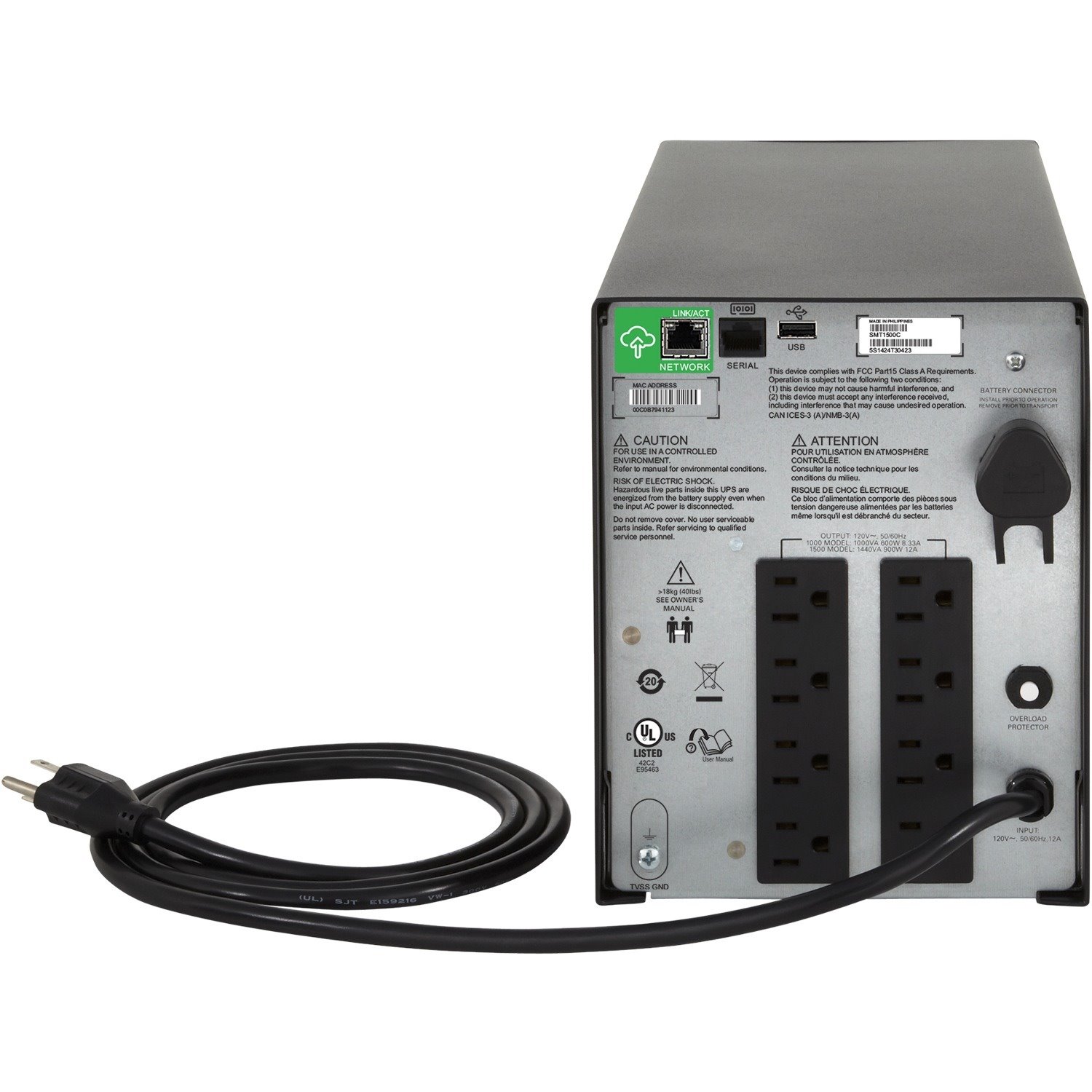 APC Smart-UPS C, Line Interactive, 1000VA, Tower, 120V, 8x NEMA 5-15R outlets, SmartConnect port, USB and Serial communication, AVR, Graphic LCD