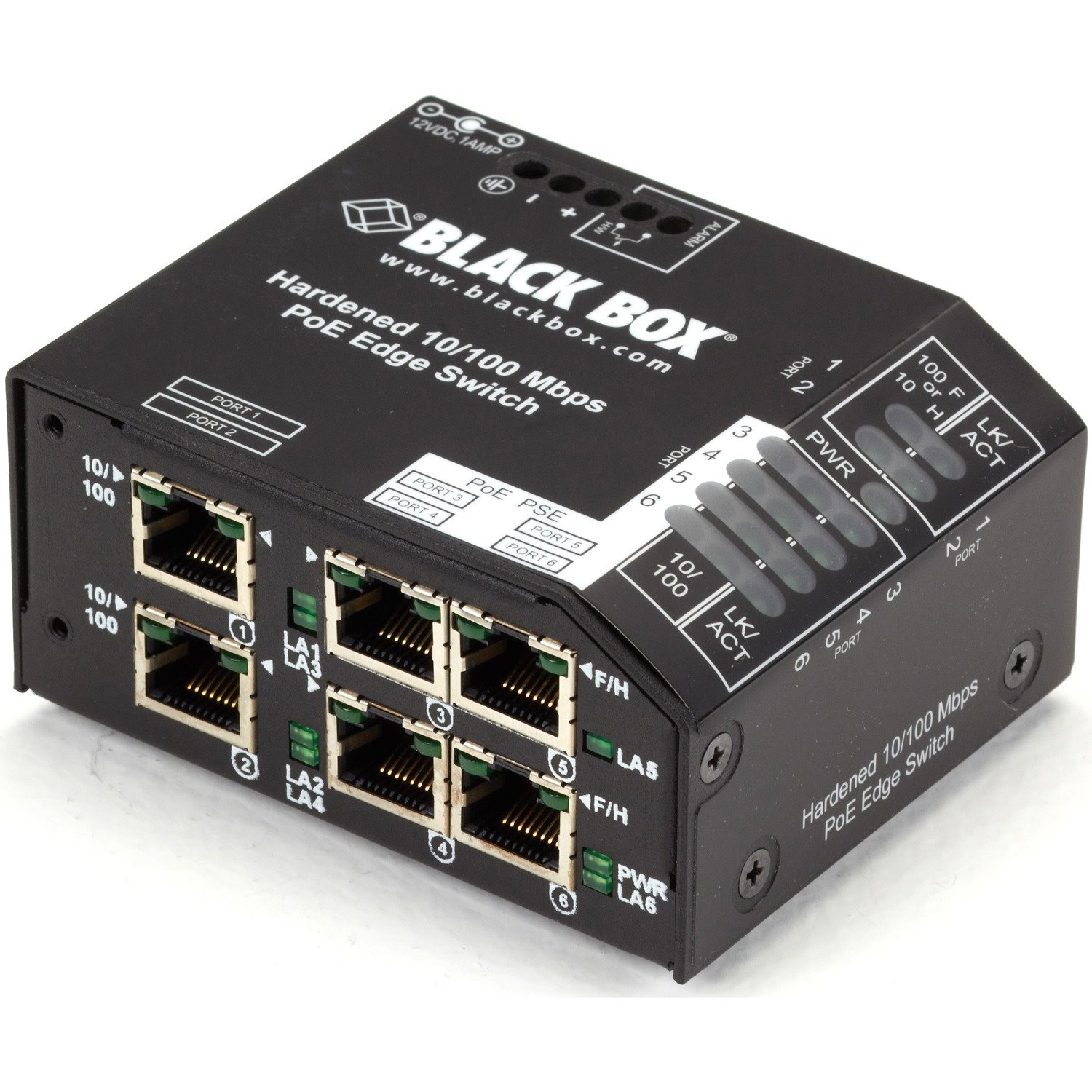 Black Box Hardened PoE PSE Switch, (6) 10/100 RJ-45, -48 VDC