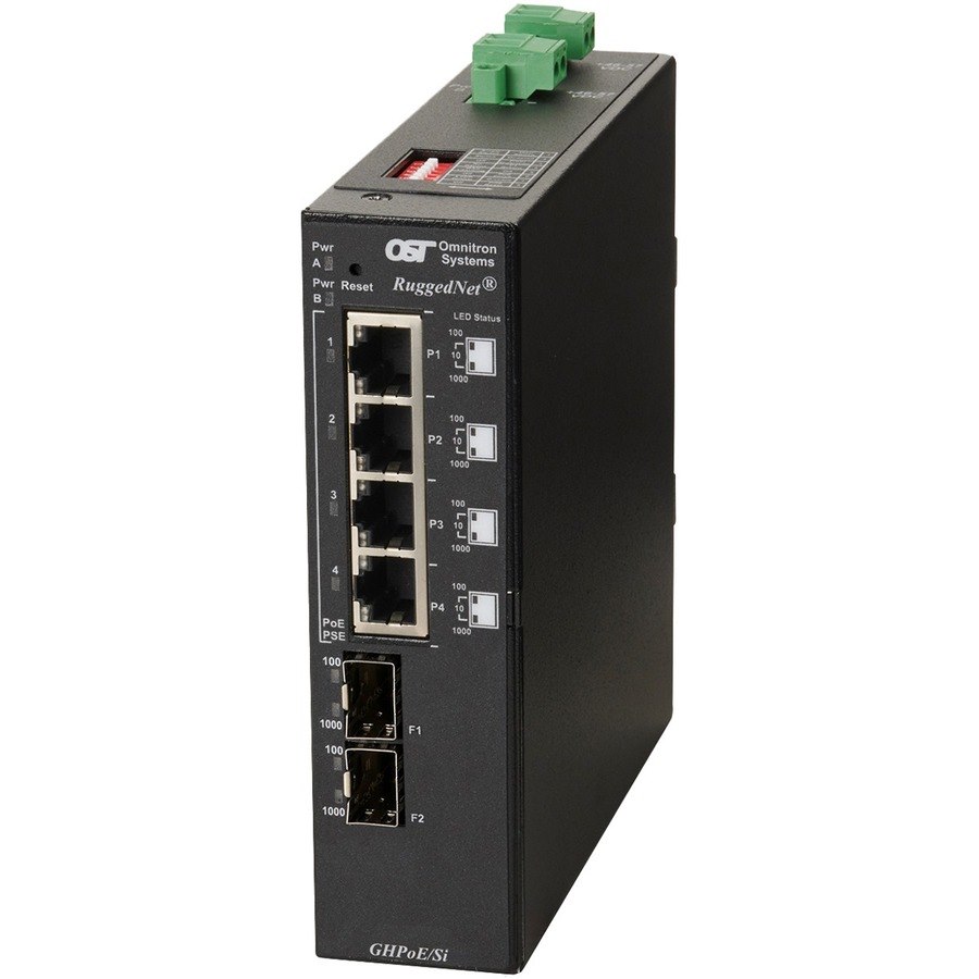 Omnitron Systems RuggedNet Unmanaged Industrial Gigabit High Power 60W PoE, 2xSFP, RJ-45, Ethernet Fiber Switch