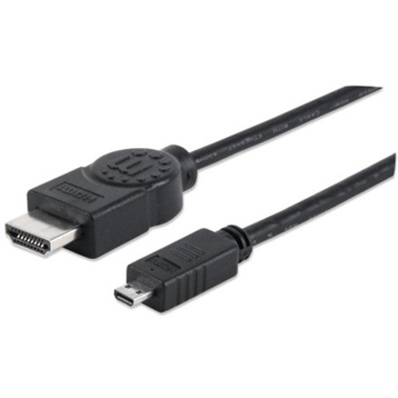 Manhattan HDMI to Micro HDMI Cable with Ethernet, 4K@30Hz (High Speed), 2m, Male to Male, Black, HDADMM2M, Ultra HD 4k x 2k, Fully Shielded, Gold Plated Contacts, Lifetime Warranty, Polybag