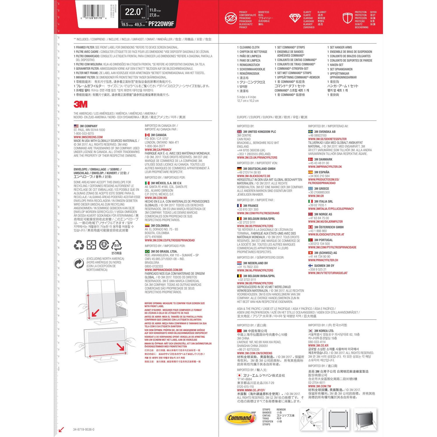 3M&trade; Framed Privacy Filter for 22in Monitor, 16:9, PF220W9F