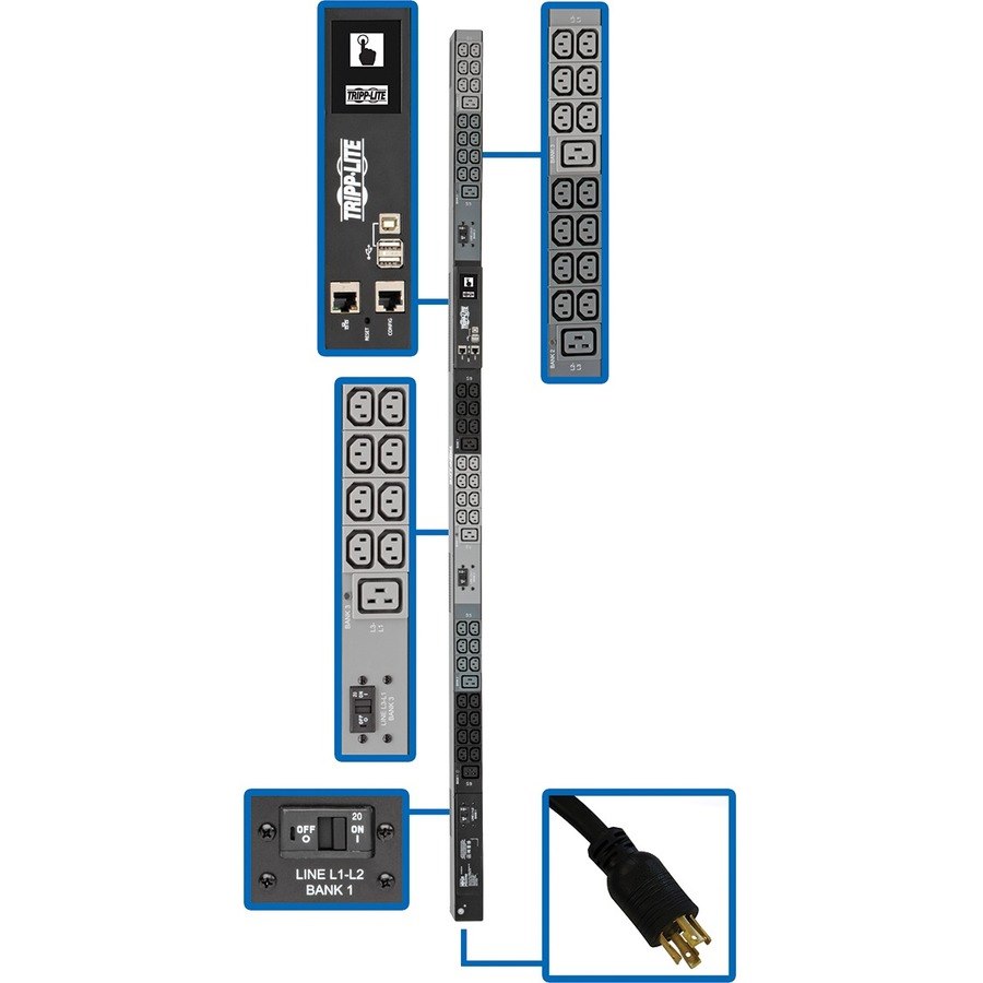Tripp Lite by Eaton 10kW 200-240V 3PH Monitored PDU - LX Interface, Gigabit, 48 Outlets, L15-30P Input, LCD, 3 m Cord, 0U 1.8 m Height, TAA