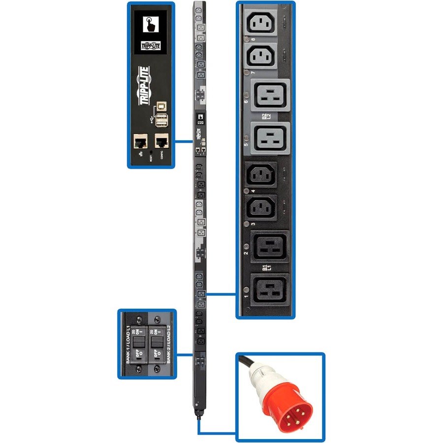 Eaton Tripp Lite Series 17.3kW 220-240V 3PH Switched PDU - LX Interface, Gigabit, 24 Outlets, IEC 309 30A Red 380-415V Input, Outlet Monitoring, LCD, 1.8 m Cord, 0U 1.8 m Height, TAA