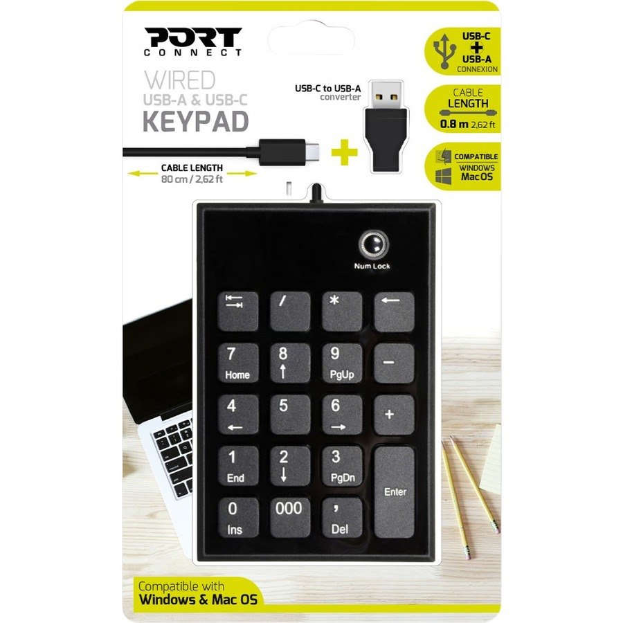 Port Keypad - Cable Connectivity - USB Type C, USB Type A Interface - Black