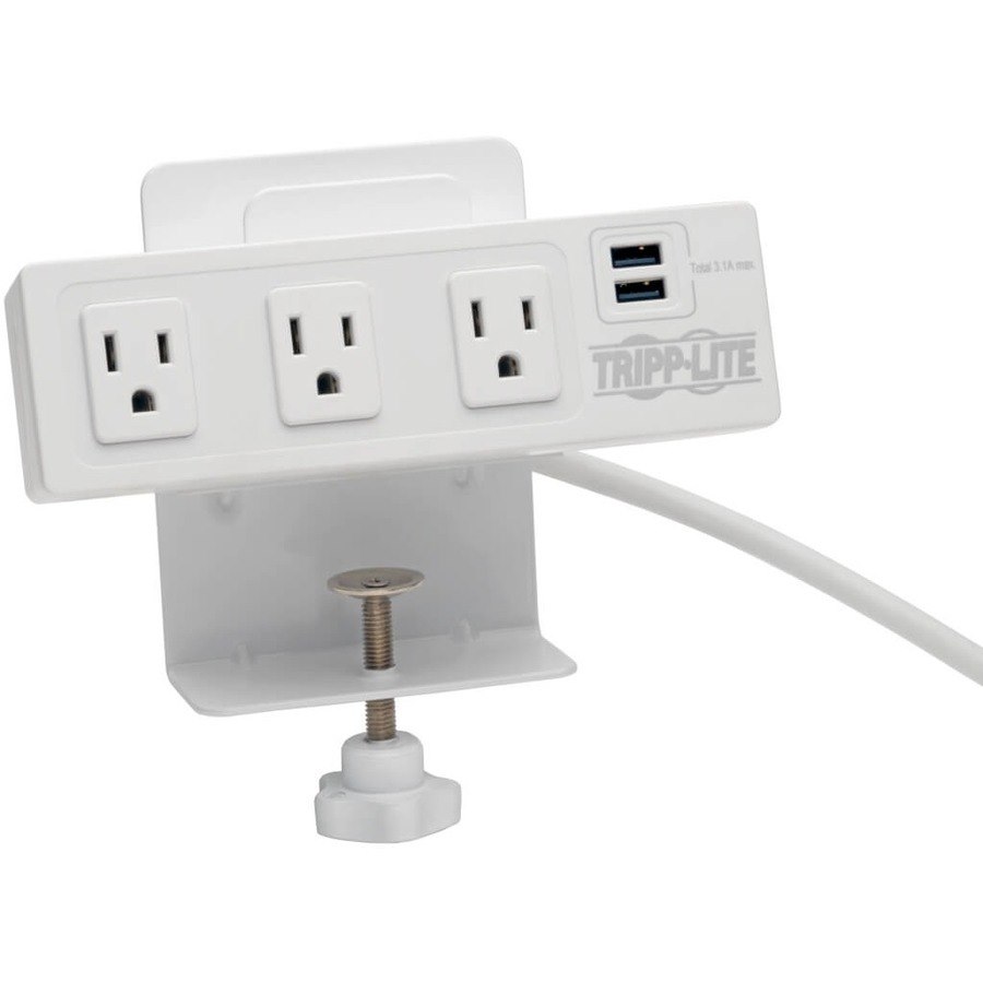 Eaton Tripp Lite Series 3-Outlet Surge Protector with 2 USB Ports, 10 ft. (3.05 m) Cord - 510 Joules, Desk Clamp, White Housing