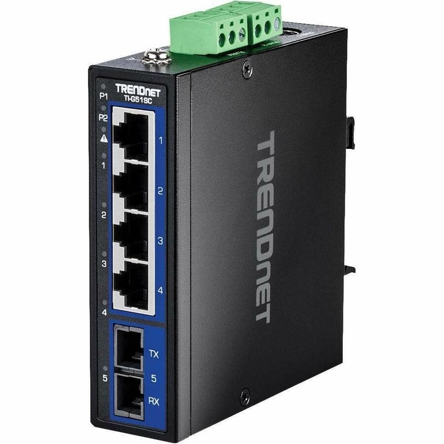 TRENDnet 5-Port Hardened Industrial Gigabit DIN-Rail Switch, TI-G51SC, 1 x Multi-Mode SC Port, 4 x Gigabit Ports, 10Gbps, IP30 Rated, Lifetime Protection, Black