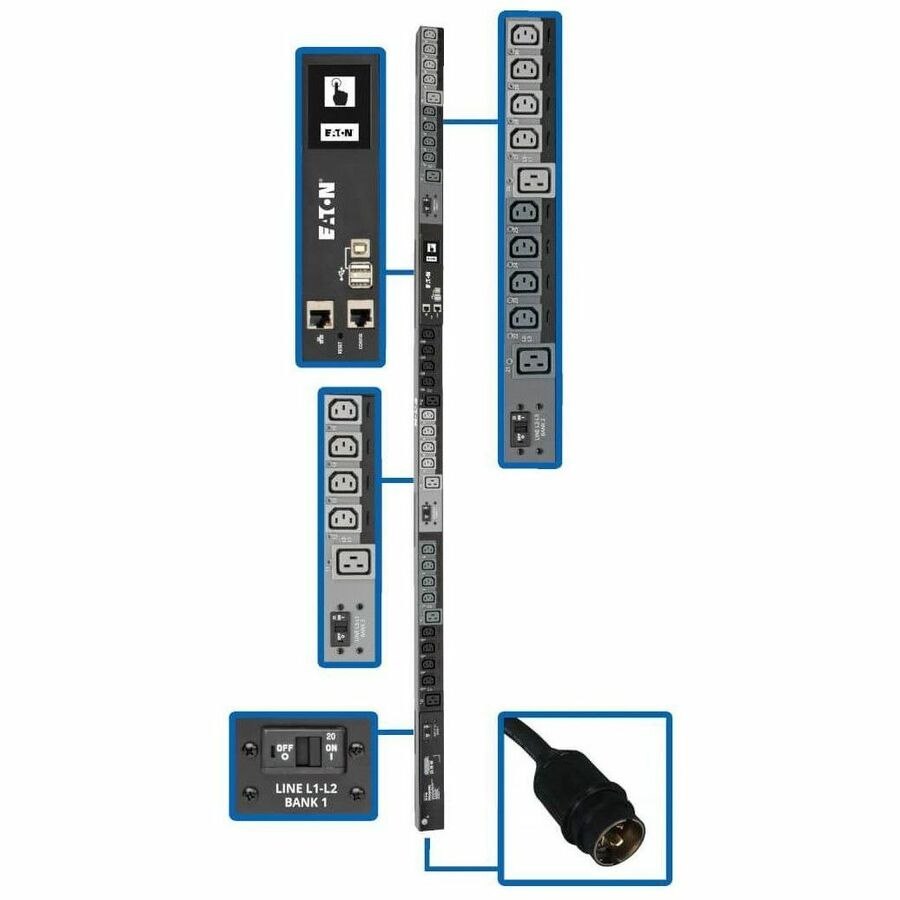 Eaton 10kW 200-240V 3PH Switched PDU - LX Interface, Gigabit, 30 Outlets, L21-30P Input, LCD, 1.8 m Cord, 0U 1.8 m Height, TAA