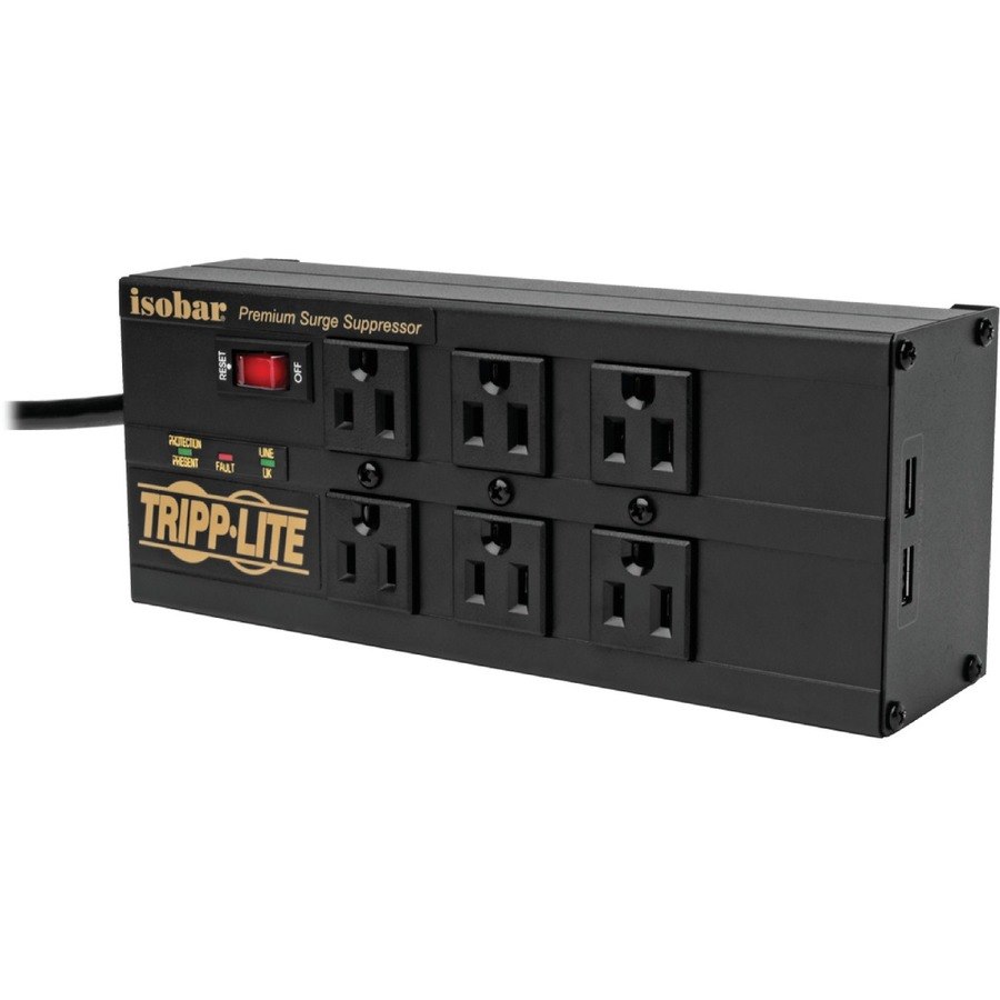 Eaton Tripp Lite Series Isobar 6-Outlet Surge Protector, 10 ft. (3.05 m) Cord, Right-Angle Plug, 3840 Joules, 2 USB Ports, Metal Housing