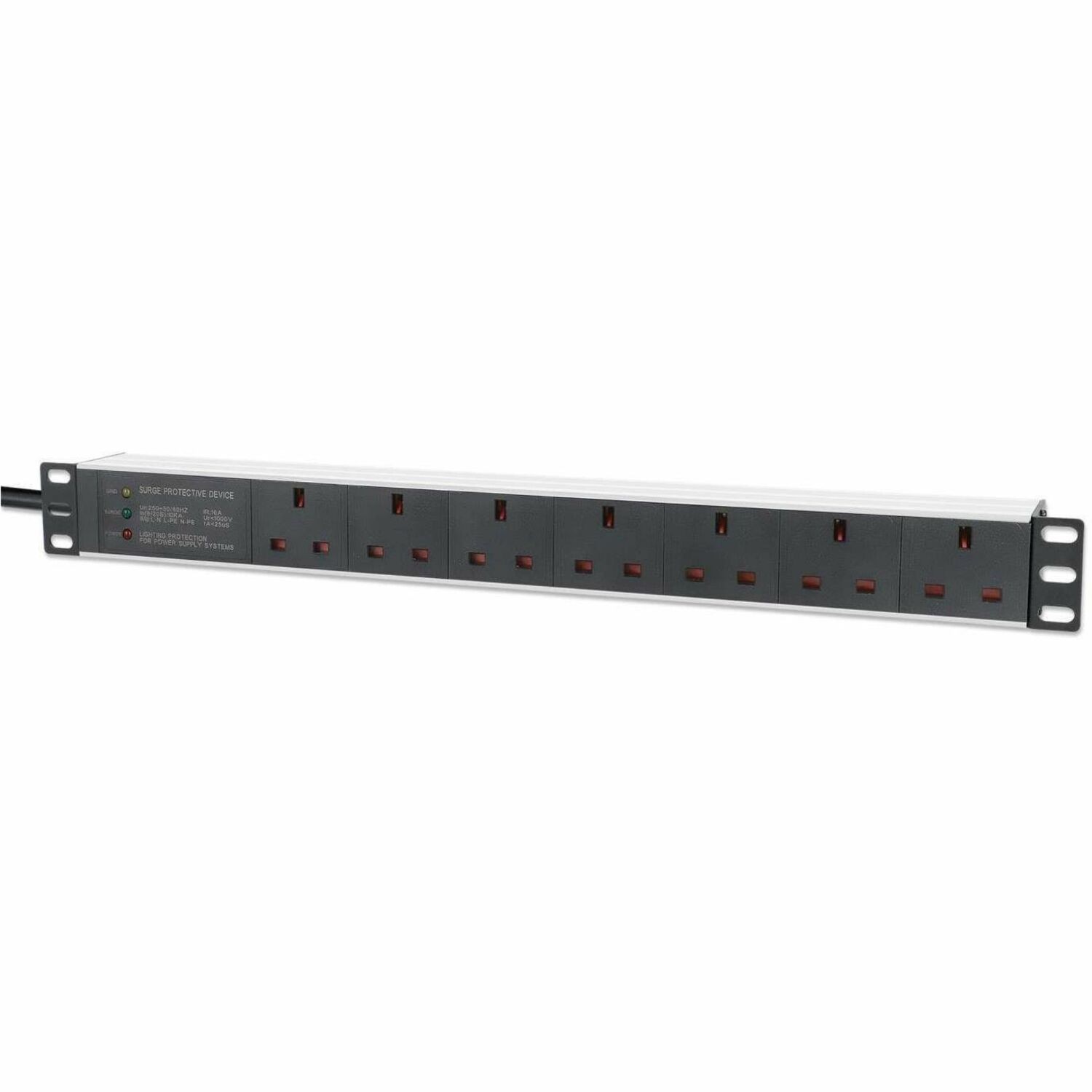 19" 1U PDU 7-way UK, Surge Protection, Rackmount, Power Distribution Unit, UK 3-pin outlets, 3m power cord, output