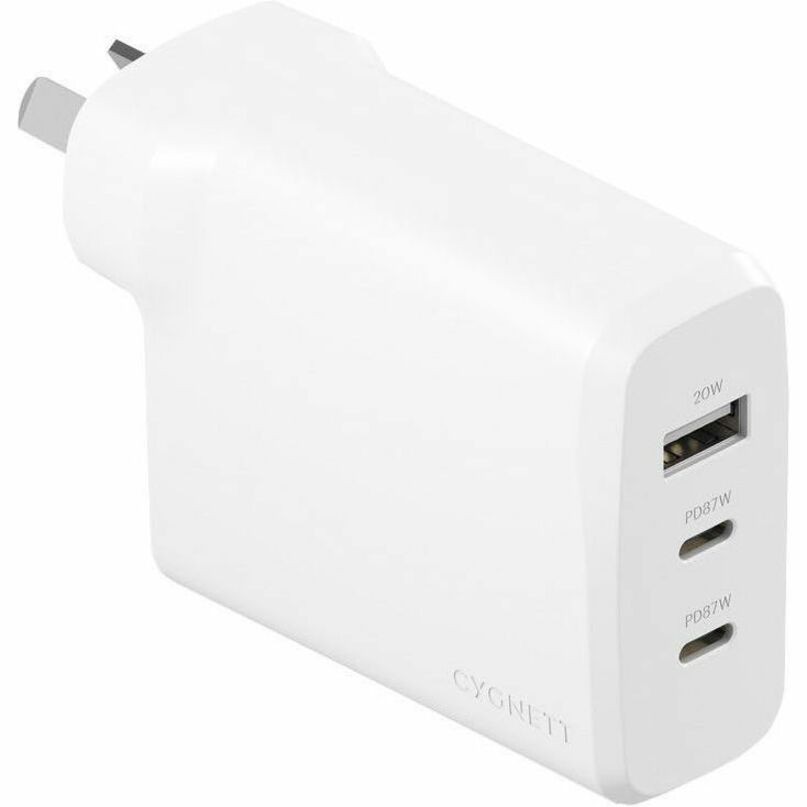 Cygnett PowerPlus 87W Triple Port Fast GaN Wall Charger - White(CY4770PDWCH),2xUSB-C PPS (87W),1xUSB-A(20W),Charge 3X Devices,Compact,2 Years Warranty