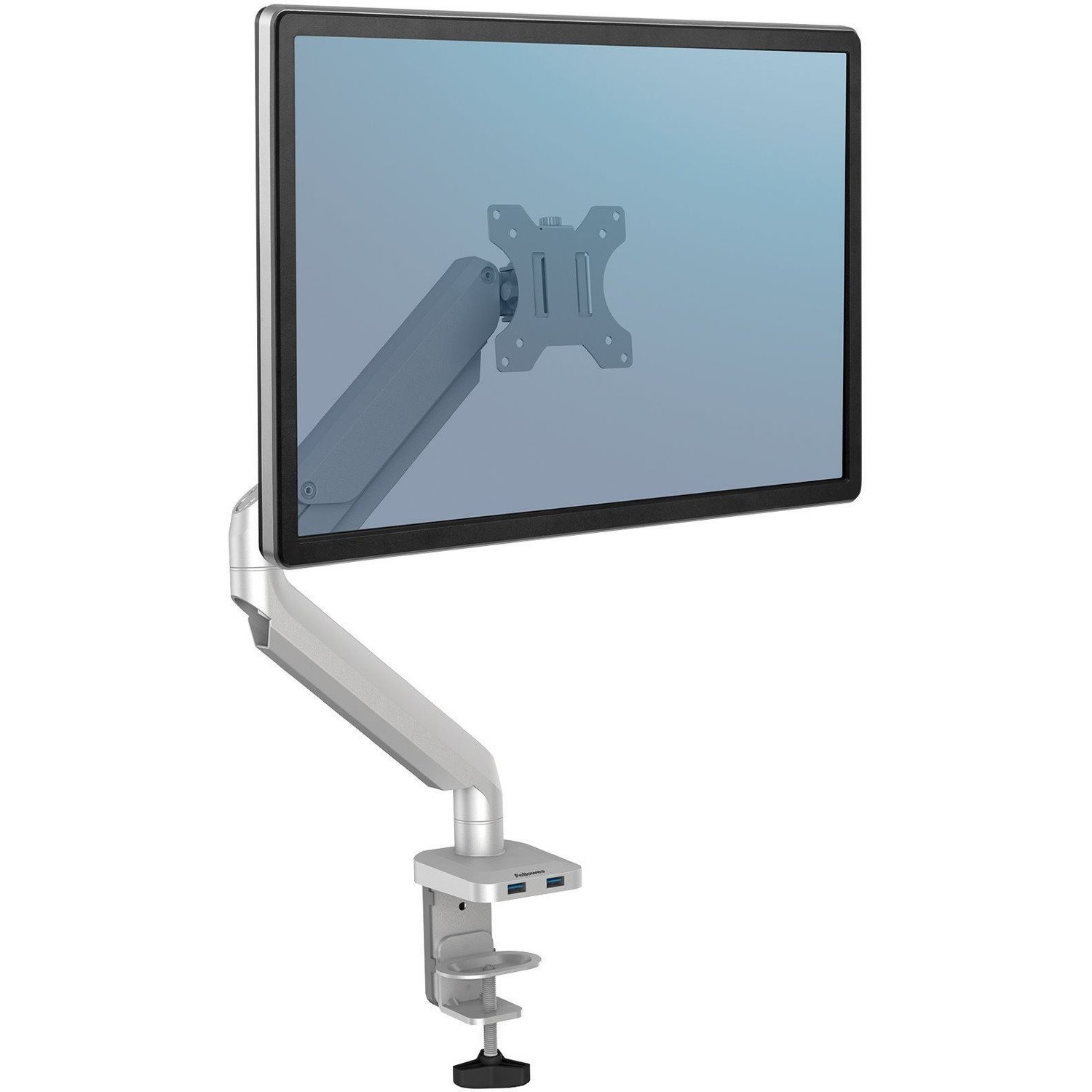 Fellowes Platinum Series High Quality Single Monitor Arm for 40-Inch Monitors, Full Motion, 360&deg; Rotation, VESA Mount with Grommet or Clamp, USB Ports, Ergonomic, Silver