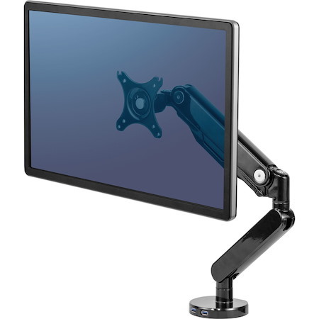 Fellowes Platinum Series High Quality Single Monitor Arm for 40-Inch Monitors, Full Motion, 360° Rotation, VESA Mount with Grommet or Clamp, USB Ports, Ergonomic, Black