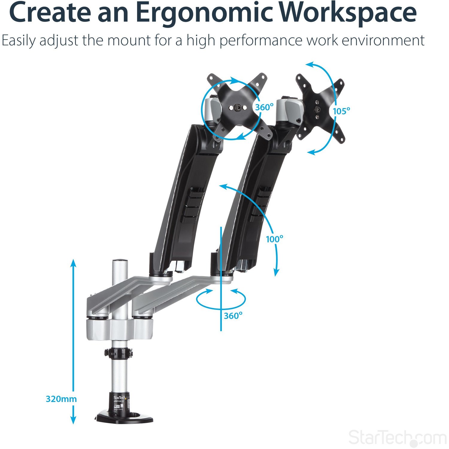 StarTech.com Desk Mount Dual Monitor Arm, Full Motion, Premium Dual Monitor Mount for up to 30"(19.8lb/9kg) VESA Mount Monitors, Tool-less