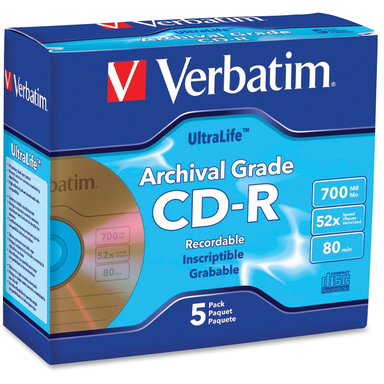 Verbatim CD-R 700MB 52X UltraLife Gold Archival Grade with Branded Surface and Hard Coat - 5pk Jewel Case