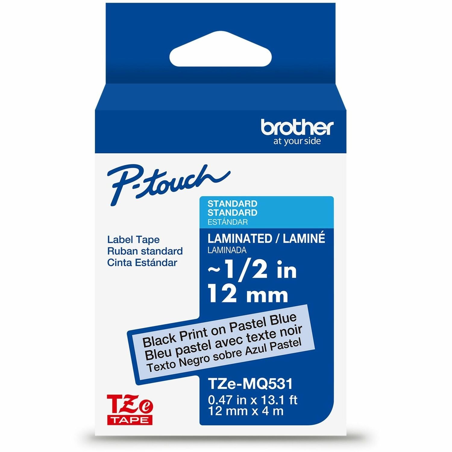 Brother Genuine P-touch TZeMQ531 BK on PASTEL BL Label Tape, Laminated, 12mmX4m