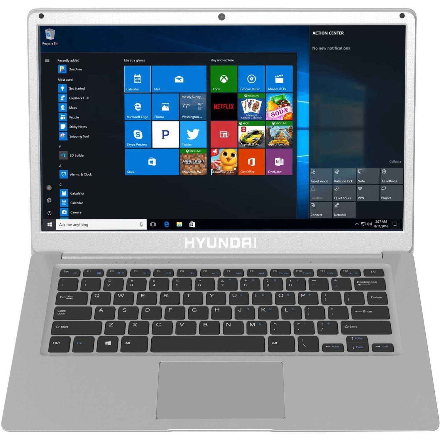 Hyundai Thinnote-A, 14.1" Celeron Laptop, 4GB RAM, 64GB Storage, Expandable 2.5" SATA HDD Slot, Windows 10 Pro, Silver