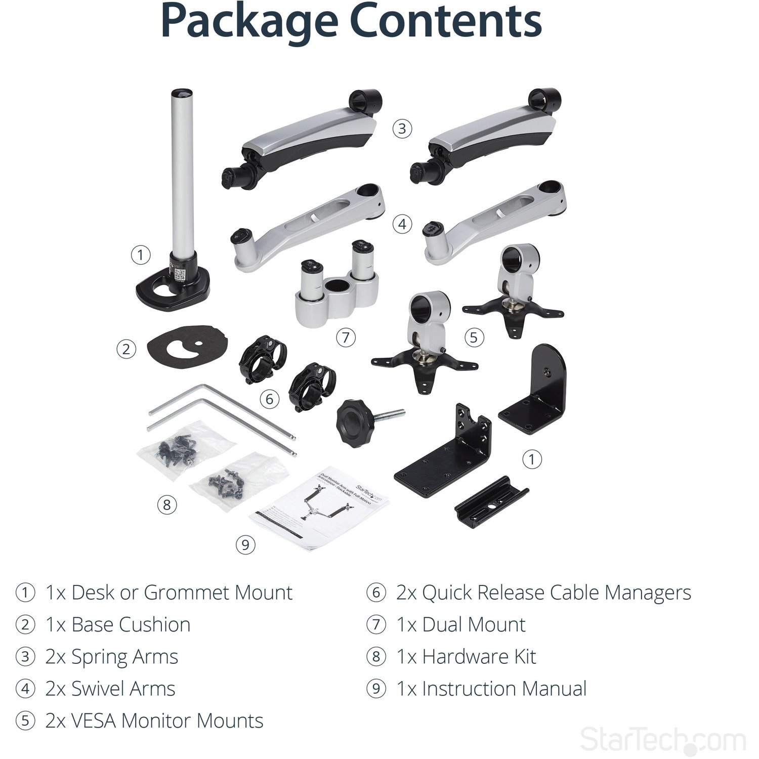 StarTech.com Desk Mount Dual Monitor Arm, Full Motion, Premium Dual Monitor Mount for up to 30"(19.8lb/9kg) VESA Mount Monitors, Tool-less