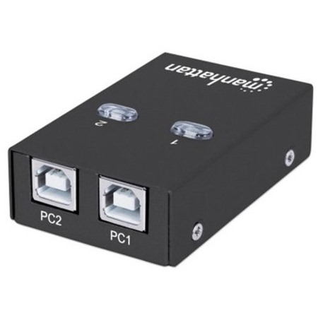 Manhattan USB-A Automatic Sharing Switch, 2x USB-B Ports, 480 Mbps (USB 2.0), Dual Control (Auto-Sensing or Manual), Bus Powered, Hi-Speed USB, inc 1x 1.5m USB-A to USB-B cable, Black, Three Year Warranty, Blister