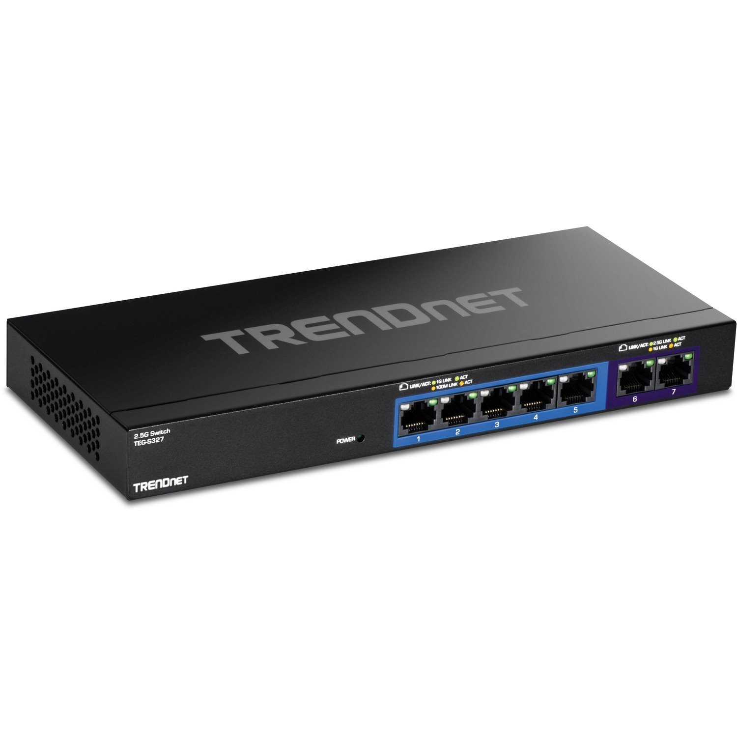 TRENDnet 7-Port Multi-Gig Gaming Switch, TEG-S327, 5 x 1G RJ-45 Base-T Ports, 2 x 2.5G RJ-45 Ports, 20Gbps Switching Capacity, Wall Mountable, Plug & Play, Lifetime Protection, Black