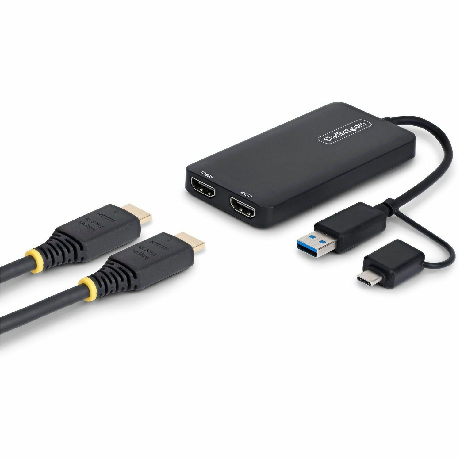 StarTech USB to Dual HDMI Adapter, USB-A or USB-C to 2x HDMI Converter (1x 4K30, 1x 1080p), 4.3in/11cm Cable, Win/Mac, Black