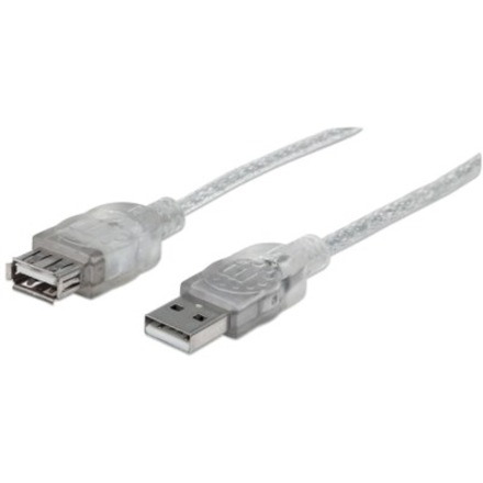 Manhattan USB-A to USB-A Extension Cable, 3m, Male to Female, Translucent Silver, 480 Mbps (USB 2.0), Hi-Speed USB, USBEXTAA10BK (except colour), Lifetime Warranty, Polybag