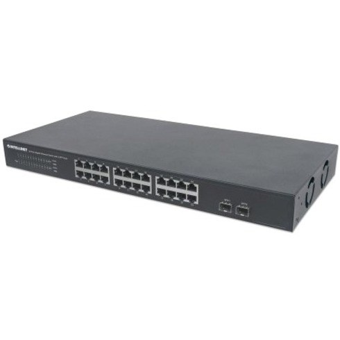 Intellinet 24-Port Gigabit Ethernet Switch with 2 SFP Ports, 24 x 10/100/1000 Mbps RJ45 Ports + 2 x SFP, IEEE 802.3az (Energy Efficient Ethernet), 19" Rackmount, Metal (With C14 2 Pin Euro Power Cord)