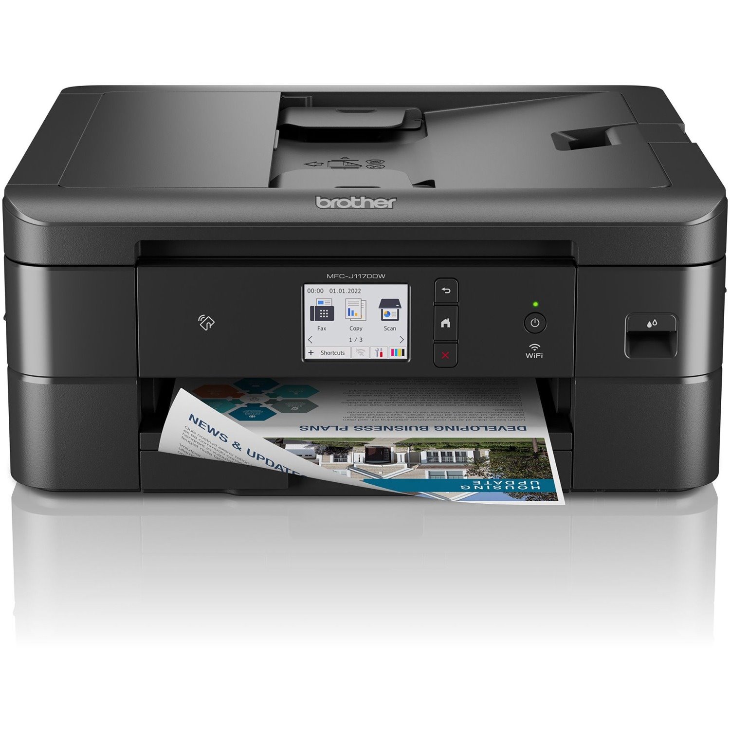 Brother MFC MFC-J1170DW Inkjet Multifunction Printer-Color-Copier/Fax/Scanner-17 ppm Mono/16.5 ppm Color Print-6000x1200 dpi Print-Automatic Duplex Print-150 sheets Input-Color Flatbed Scanner-1200 dpi Optical Scan-Color Fax-Wireless LAN