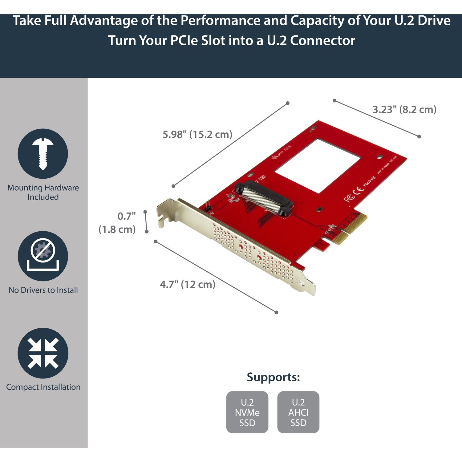 StarTech.com U.2 to PCIe Adapter for 2.5" U.2 NVMe SSD - SFF-8639 PCIe Adapter - x4 PCI Express 4.0 - NVMe PCIe Adapter - U.2 PCIe Card