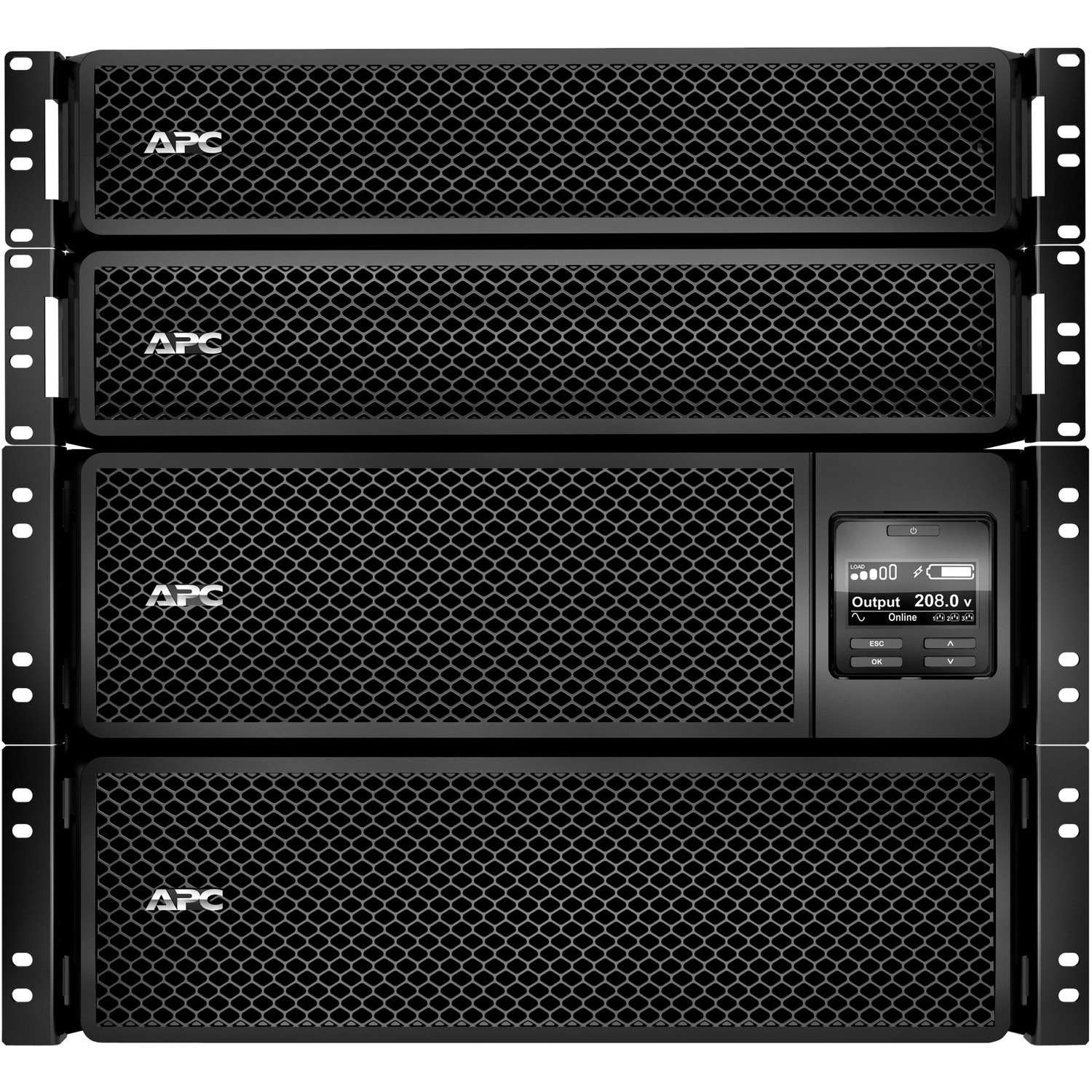 APC Smart-UPS On-Line, 10kVA/10kW, Rackmount 10U, 208V, 24x 5-20R+4x L6-30R NEMA, Network Card+SmartSlot, W/ rail kit, W/ 2 transformer 208V to 120V