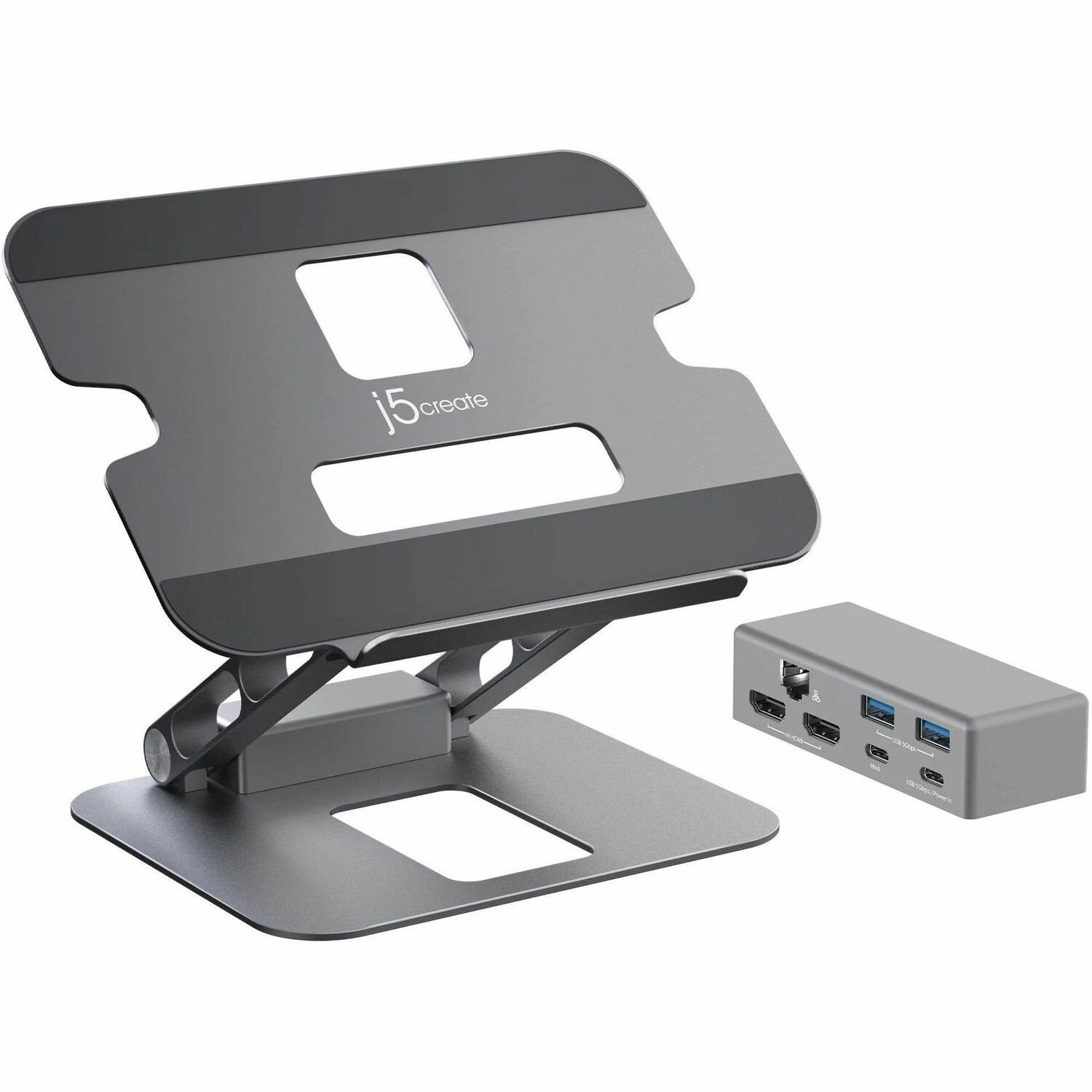 J5create JTS427 Multi-Angle Dual 4K Hdmi Docking Laptop Stand With Usb-C 100W PD Pass Through (Usb-C Dock W/ 4K Hdmi, 2 X Usb-A, Usb-C Host, Usb-C PD)