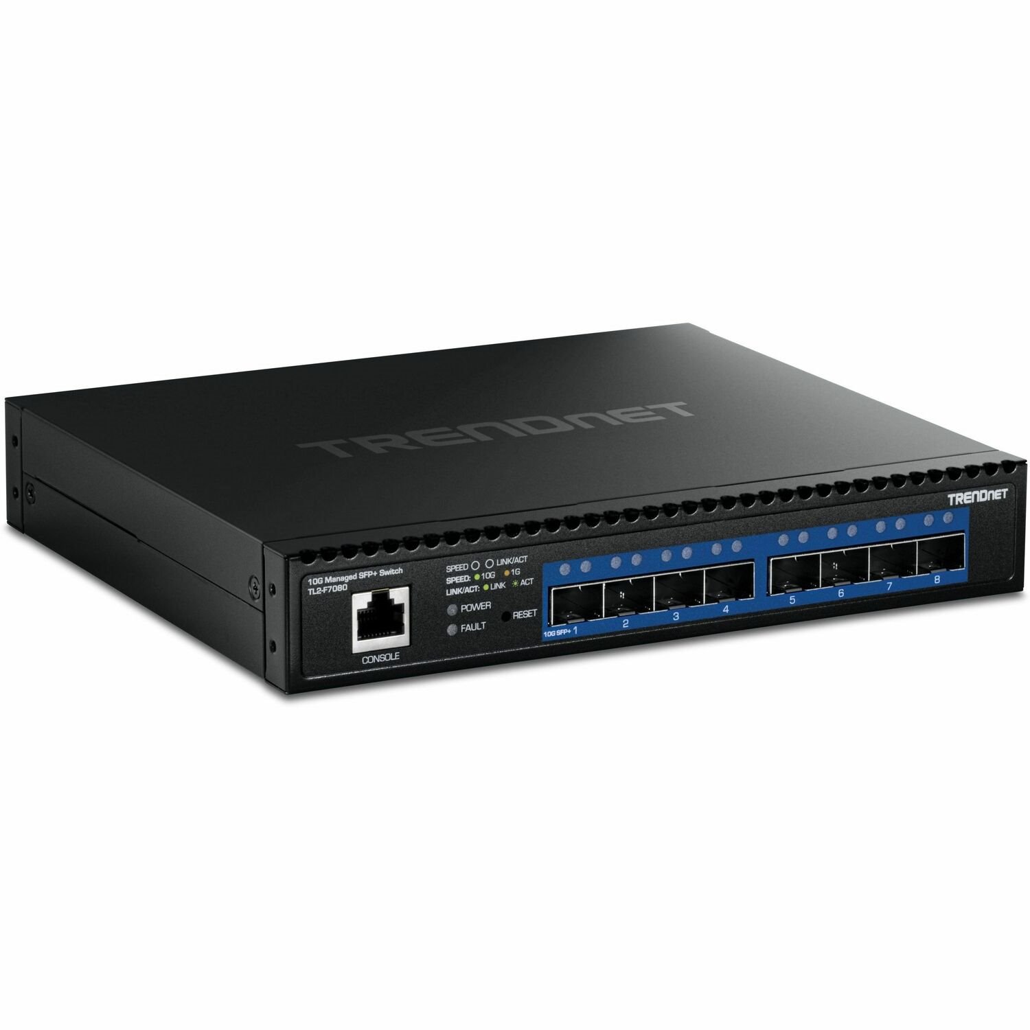 TRENDnet 8-Port 10G Layer 2 Managed SFP+ Switch, TL2-F7080, 8 x 10G SFP+ Ports, Web-Based Management, NDAA + TAA Compliant, 160Gbps, Layer 2 Hub, Ethernet Splitter