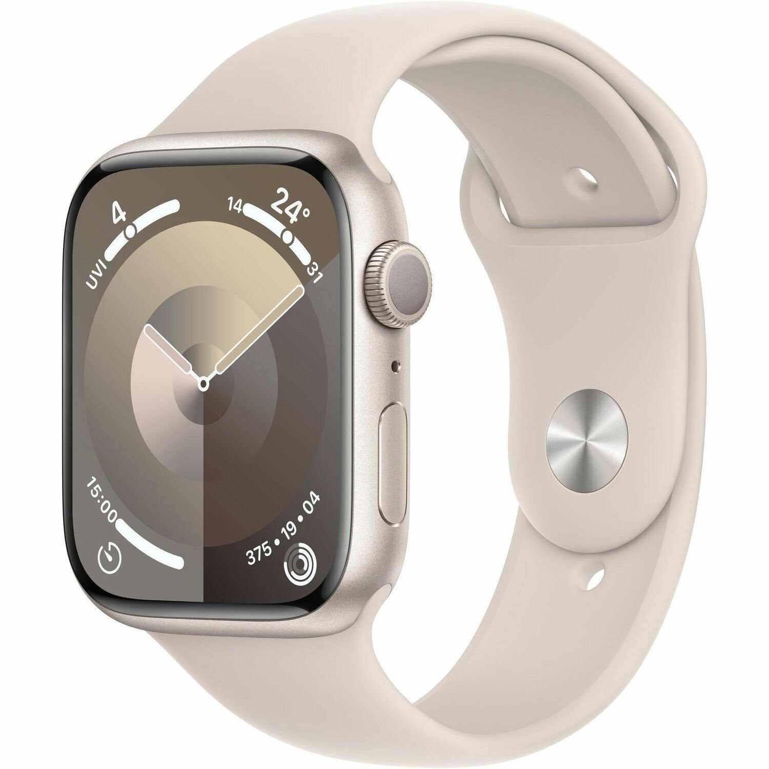 Apple Watch Series 9 Smart Watch - 45 mm Case Height - 38 mm Case Width - Starlight Case Color - Starlight Band Color - Glass Body Material - Aluminium Case Material - Wireless LAN