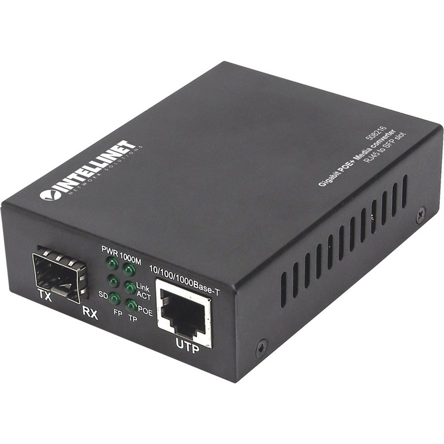 Intellinet Gigabit PoE+ Media Converter, 1 x 1000Base-T RJ45 Port to 1 x SFP Port, PoE+ Injector (With 2 Pin Euro Power Adapter)