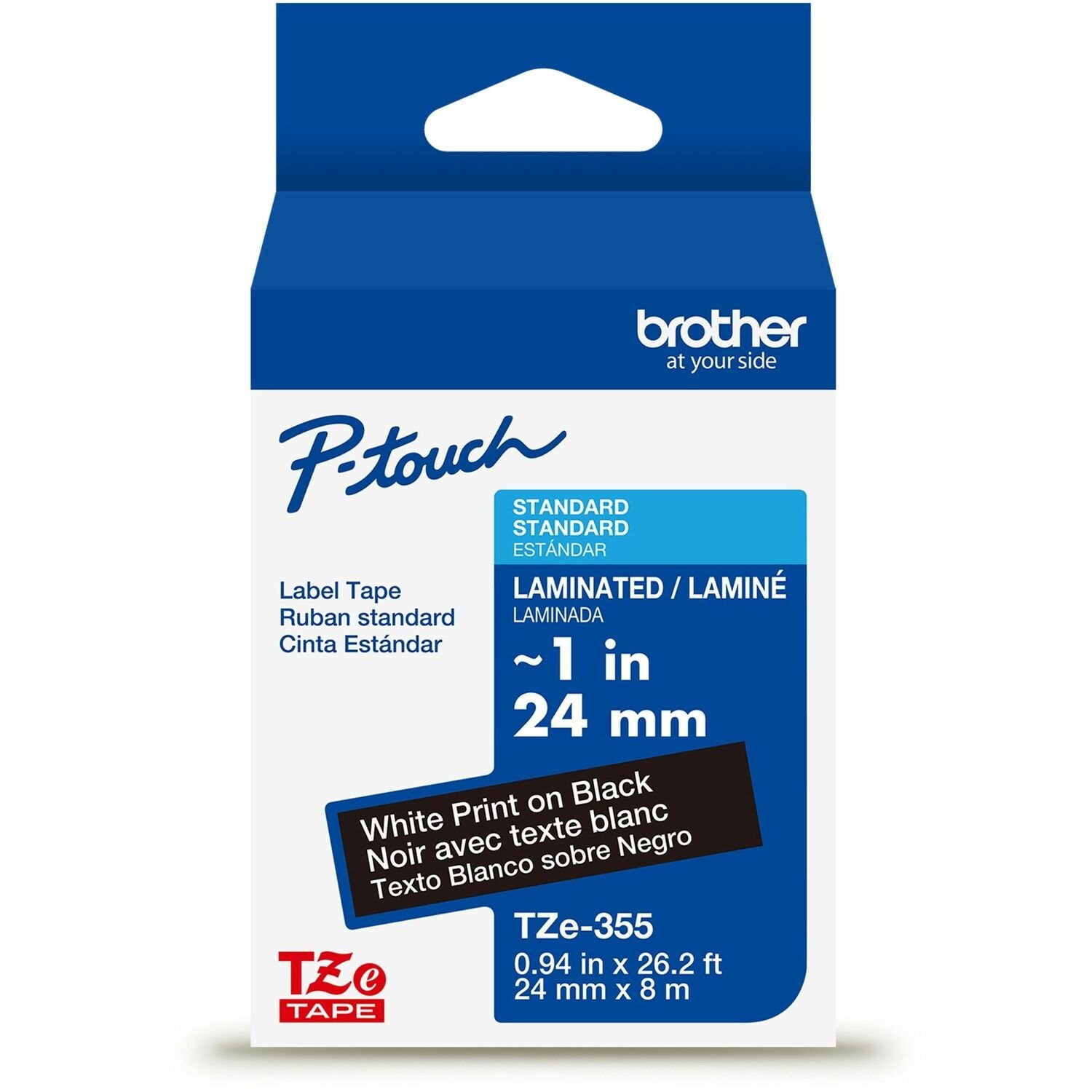Brother Genuine P-touch TZe355 WHT on BK Label Tape, Laminated, 24mmX8m