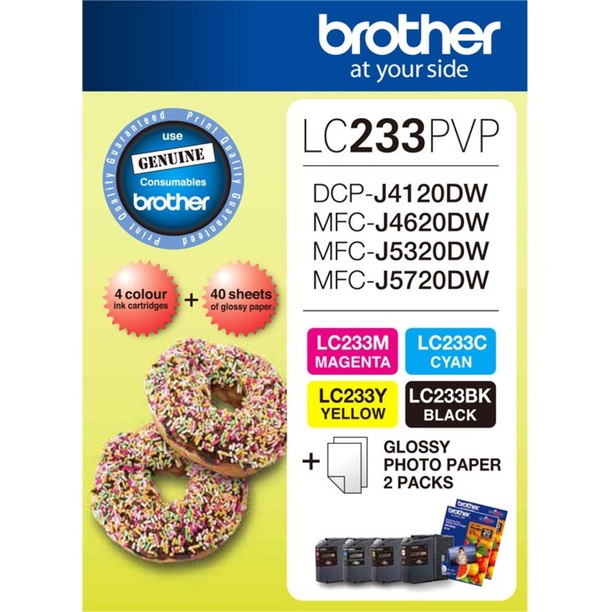 Brother LC233PVP Original Inkjet Ink Cartridge/Paper Kit - Value Pack - Black, Cyan, Magenta, Yellow Pack