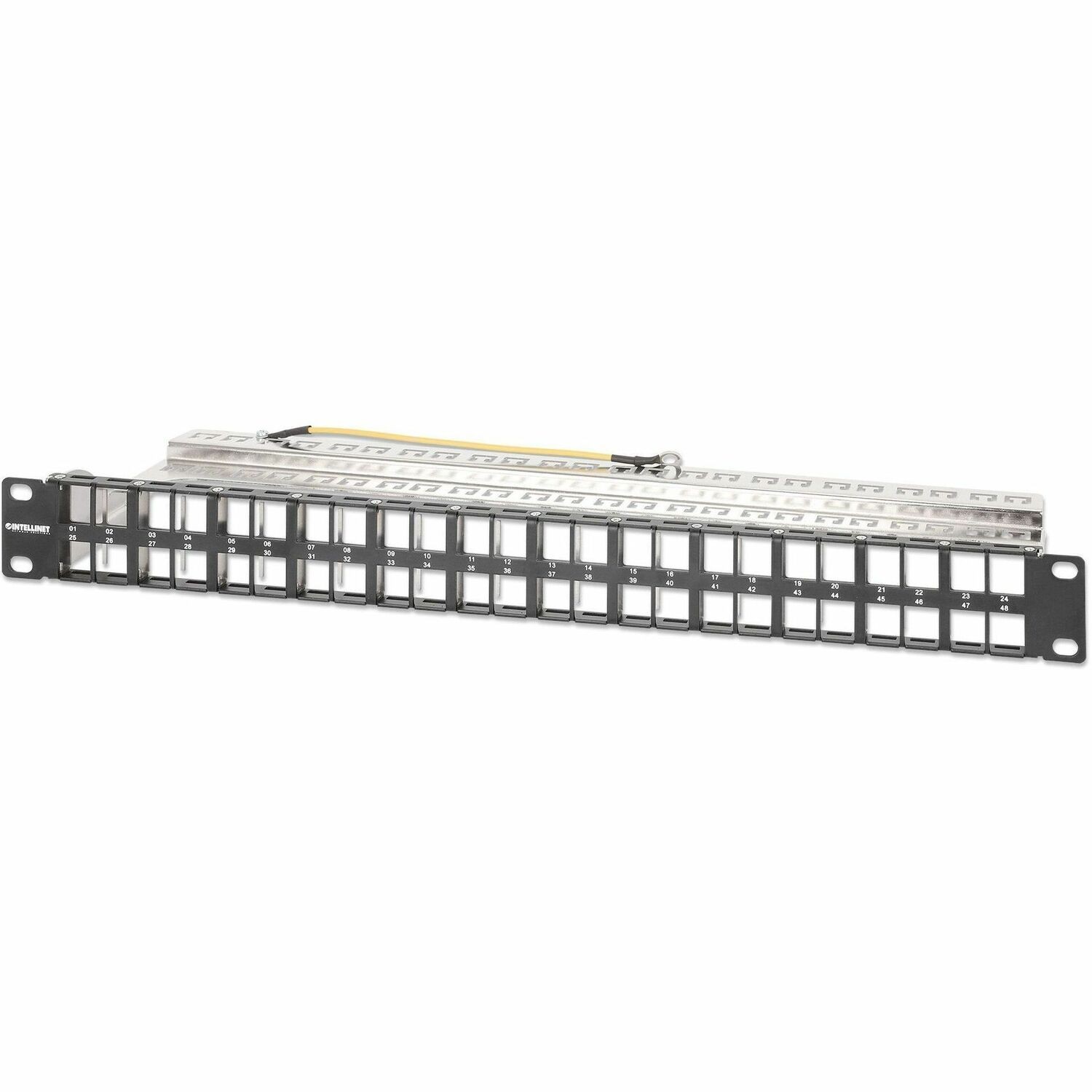 19" 48-Port Shielded Blank Patch Panel, 1U, Unloaded 19-inch Rackmount Keystone Panel for High-density Installations, Removable Cable-Management Bar, Black