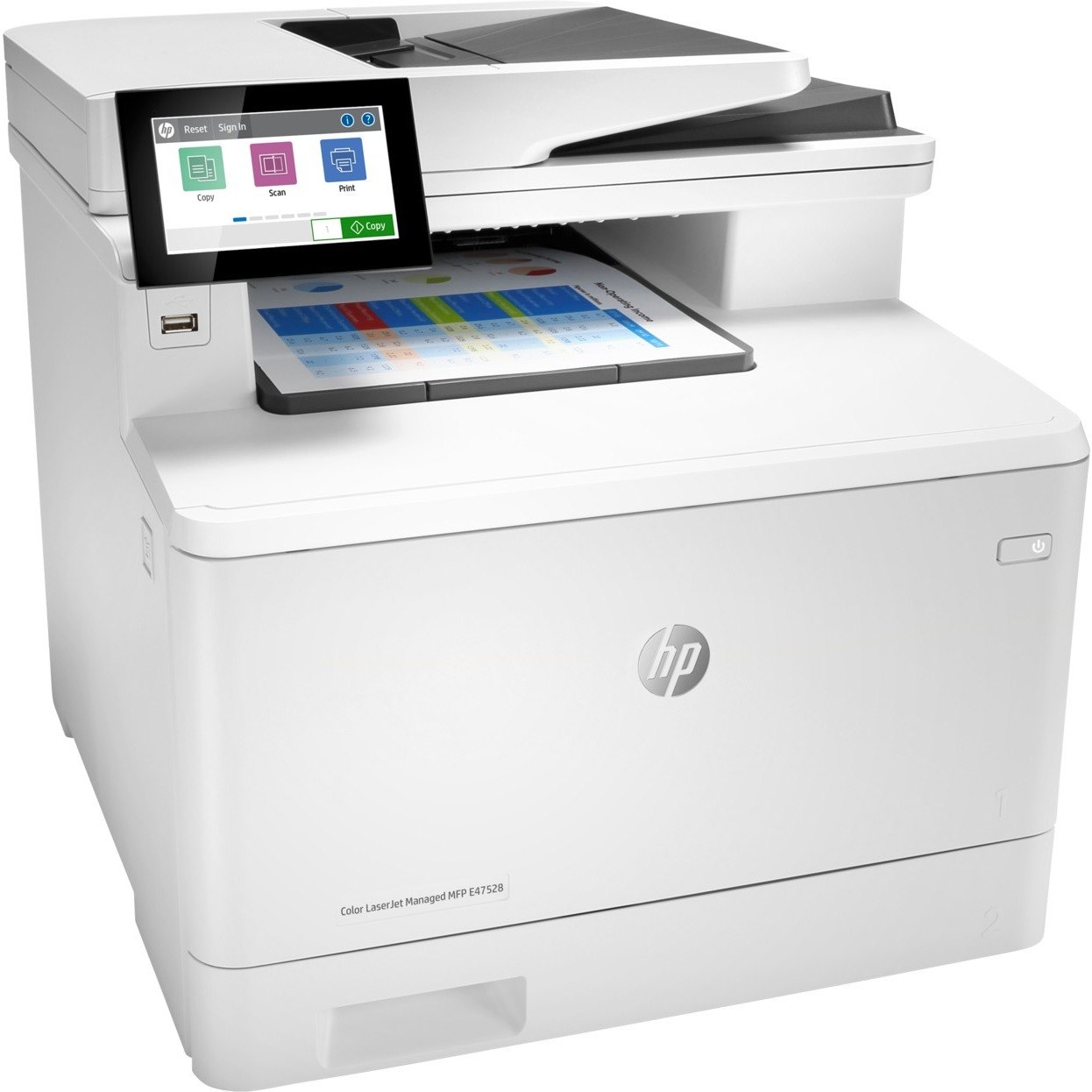HP LaserJet Managed E47528 E47528f Laser Multifunction Printer-Color-Copier/Fax/Scanner-27 ppm Mono/27 ppm Color Print-600x600 dpi Print-Automatic Duplex Print-65000 Pages-300 sheets Input-Color Flatbed Scanner-600 dpi Optical Scan